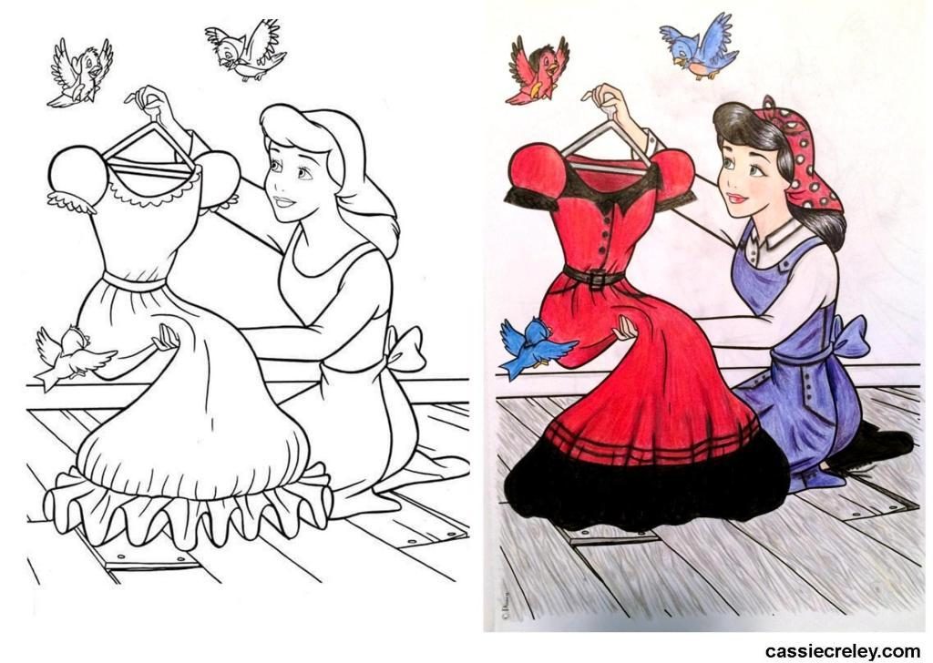 Cinderella as Rosie the Riveter, Altered Coloring Book Art #3: A coloring idea for stress relief and sparking creativity. Reimagined Coloring Pages - cassiecreley.com