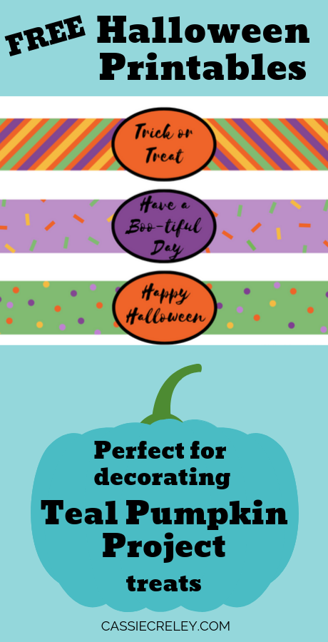 Halloween Printables: Mason Jar Labels— Great option for making Blue Pumpkin Project goodies look more colorful and fun. Festive wraparound labels for canning jars. Perfect for parties, trick or treaters, allergy-free non-food party favors, and more! | cassiecreley.com