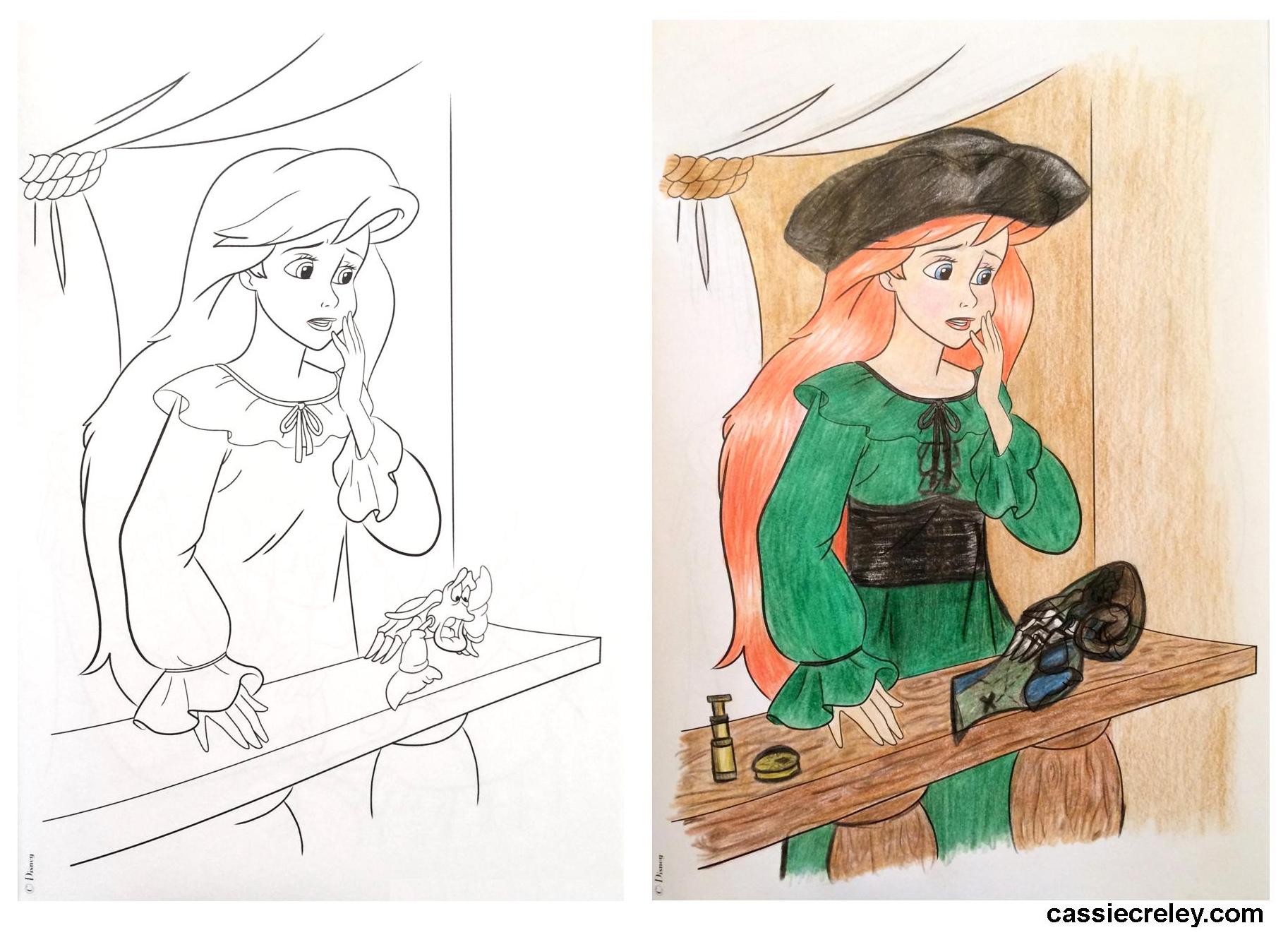 Ariel as a Pirate, Altered Coloring Book Art #4: I’m given The Little Mermaid a makeover. A coloring idea for stress relief and sparking creativity. Reimagined Coloring Pages with Disney princesses. |  cassiecreley.com