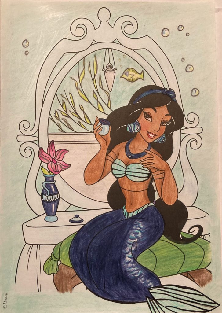 Altered Coloring Book Art—I’m giving Jasmine a new look as a mermaid by reimagining a Disney coloring book page. An idea for sparking creativity and stress relief. | cassiecreley.com